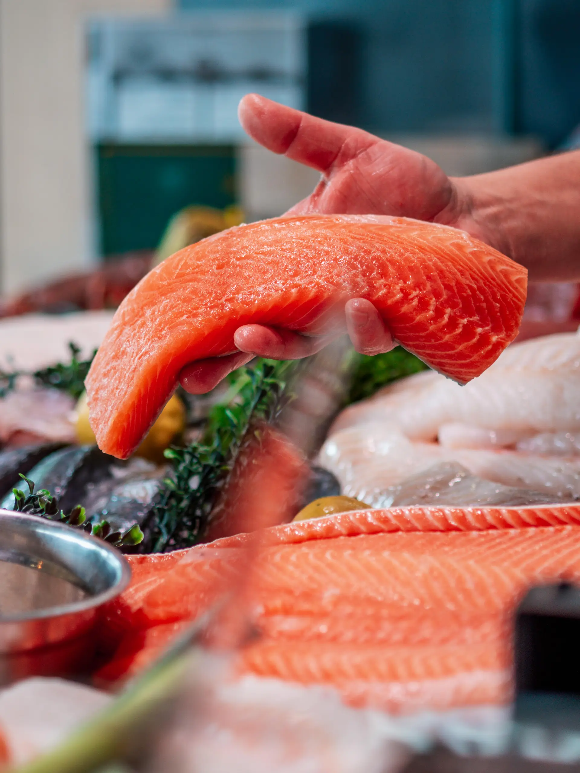 een stuk zalm in een hand